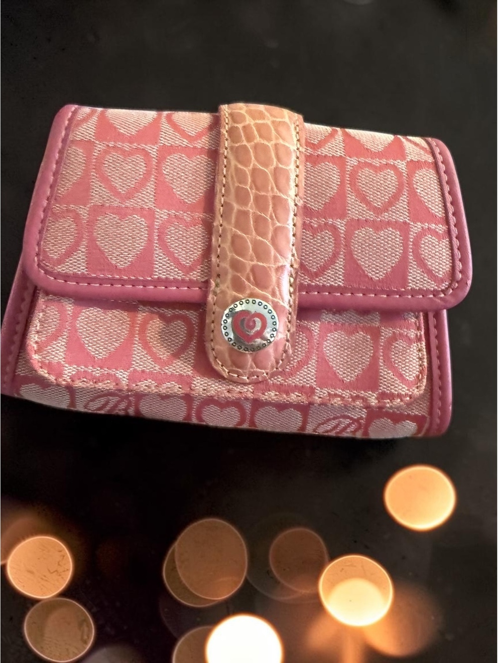 Y2K Brighton Pink Heart Jacquard Wallet Wristlet Croc Leather Trim 2004 Booklet